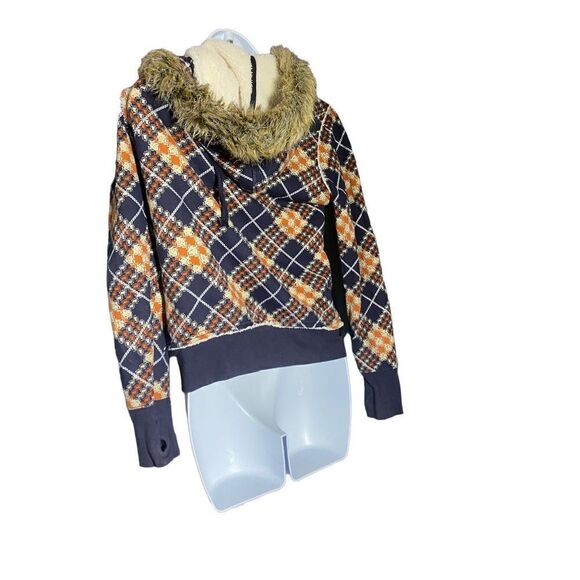 Self Esteem Women's Full Zip Geo Print Fur Hoodie Sweater Yellow/Black Size S - Picture 2 of 3